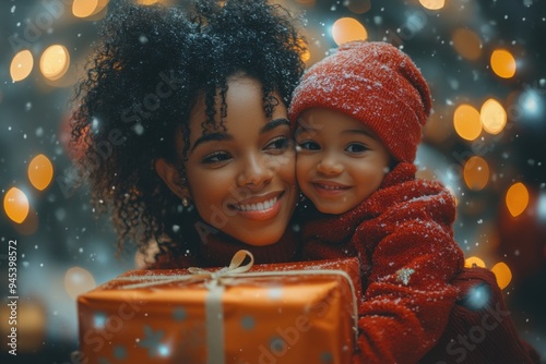 Mother and child smiling with Christmas gift in snowy atmosphere. photo