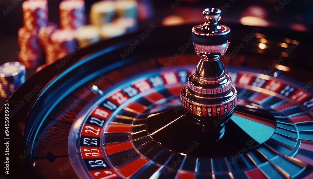 Captivating casino scene featuring roulette wheel and stacked poker chips for gaming enthusiasts Captivating casino scene featuring roulette wheel and stacked poker chips for gaming enthusiasts