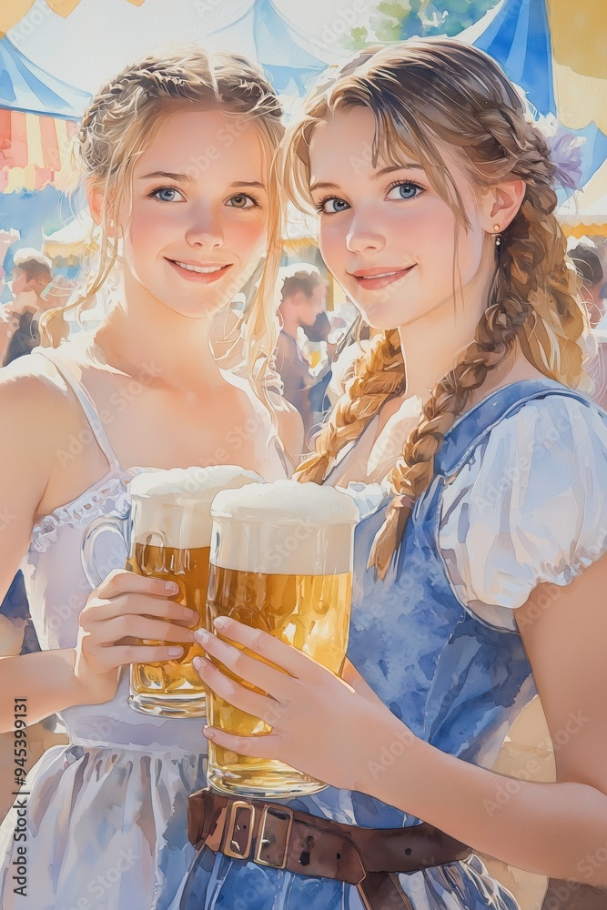 Bavarian Oktoberfest Women in Dirndl Dresses, Vibrant Autumn Festival Scene with Beer Glasses, Sunlit Tents, Watercolor Style, Joyful Celebration, Authentic German Traditional Attire Bavarian Oktoberfest Women in Dirndl Dresses, Vibrant Autumn Festival Scene with Beer Glasses, Sunlit Tents, Watercolor Style, Joyful Celebration, Authentic German Traditional Attire