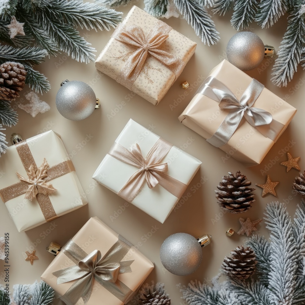 Rustic Christmas gifts wrapped in brown paper, surrounded by pinecones, stars, and evergreen branches. Rustic Christmas gifts wrapped in brown paper, surrounded by pinecones, stars, and evergreen branches.