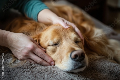 Golden retriever in a deeply relaxed state, with closed eyes, receiving a gentle and comforting massage from a person, highlighting the bond and care shared between them. photo