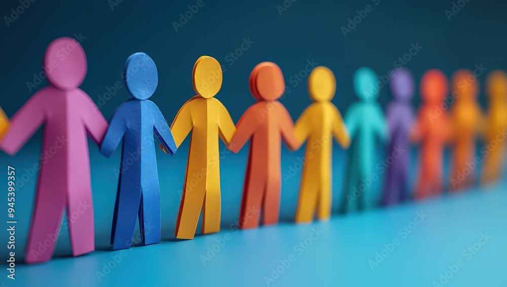 Colorful paper people standing in a row, holding hands on a blue background. A group of diverse characters forming a chain, symbolizing unity and support. Colorful paper people standing in a row, holding hands on a blue background. A group of diverse characters forming a chain, symbolizing unity and support.