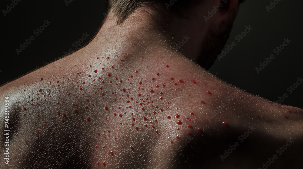 A man’s back covered with a red rash, indicative of a skin condition or viral infection, shot in a dimly lit environment. A man’s back covered with a red rash, indicative of a skin condition or viral infection, shot in a dimly lit environment.