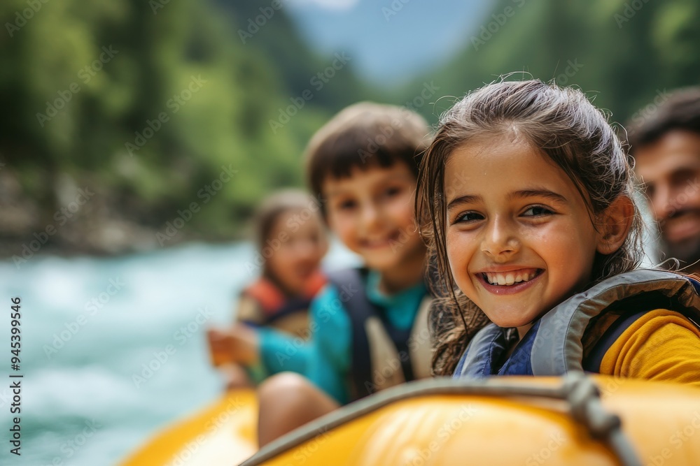 Children wearing life jackets on a river rafting journey with smiles on their faces, engaging in a fun, active outdoor experience amidst scenic natural surroundings. Children wearing life jackets on a river rafting journey with smiles on their faces, engaging in a fun, active outdoor experience amidst scenic natural surroundings.