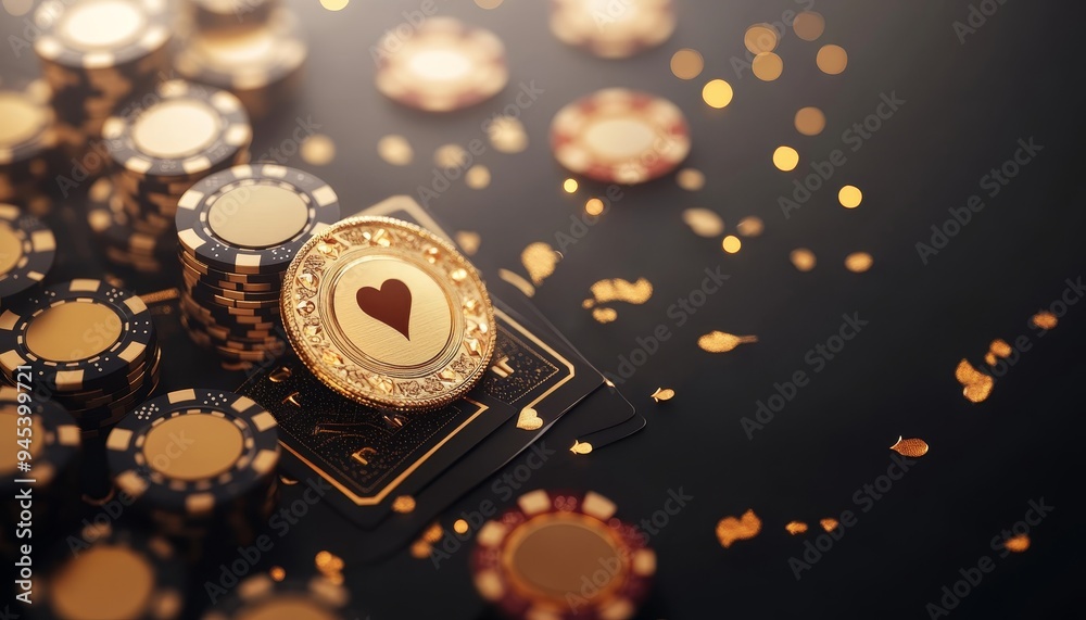 Fototapeta premium Elegant poker design template featuring golden cards and chips on a dark casino background