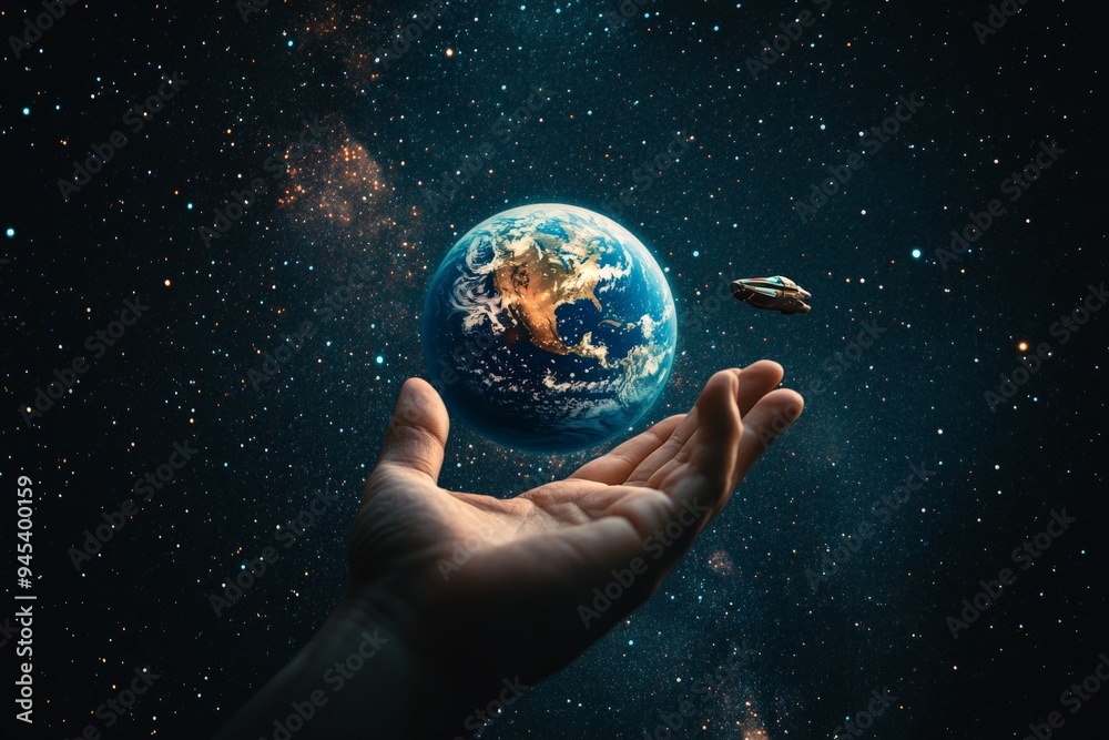 This image displays a single hand offering the Earth with a nearby spaceship in outer space, symbolizing exploration, protection, and the vast potential of human discovery. This image displays a single hand offering the Earth with a nearby spaceship in outer space, symbolizing exploration, protection, and the vast potential of human discovery.