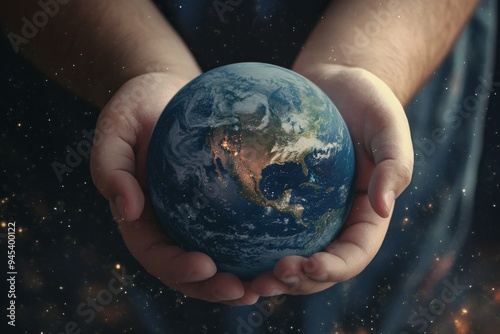 This image features hands holding a brightly illuminated Earth globe in the darkness of space, highlighting themes of hope, stewardship, and the illuminated wonders of our world.