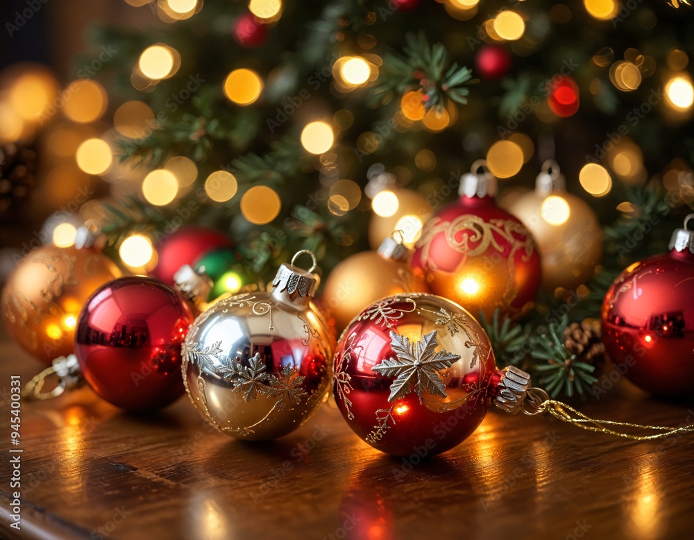 A close-up of Christmas ornaments reflecting the lights of the tree, with a warm glow and soft focus effects. A close-up of Christmas ornaments reflecting the lights of the tree, with a warm glow and soft focus effects.