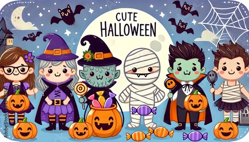 Group of children dressed in Halloween costumes with candies and pumpkins. Cute Halloween theme. Digital illustration for greeting card, invitation, poster.