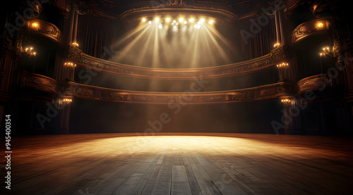 Grand Theater Stage with Dramatic Lighting and Spotlight, Showcasing a Theatrical Performance Setting with Intense Visual Effects, Ideal for Representing Themes of Theater, Stage Design, and Performin photo