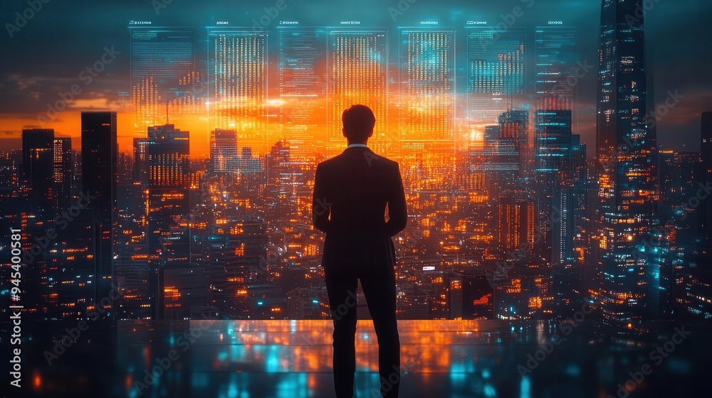 dynamic business presentation scene executive confidently gesturing towards holographic data charts floating in modern office space