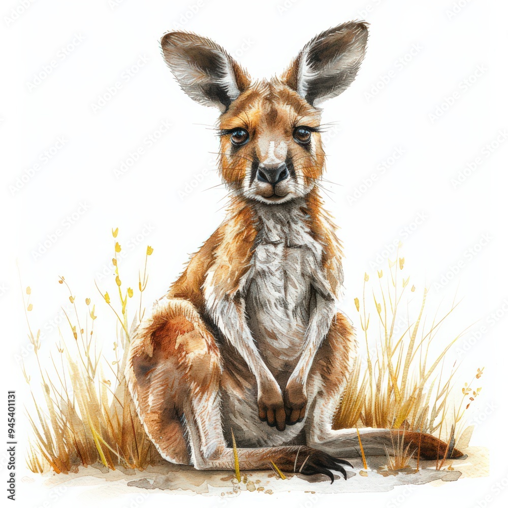 A watercolor illustration of a young red kangaroo sitting upright in tall grass, with a curious expression on its face A watercolor illustration of a young red kangaroo sitting upright in tall grass, with a curious expression on its face