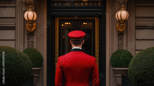 A doorman stands at the door of a luxury hotel photo