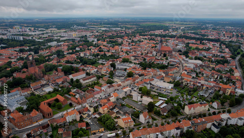 Aerial view of the old town around the city Stendal in Germany on a sunny summer day