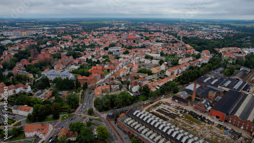 Aerial view of the old town around the city Stendal in Germany on a sunny summer day