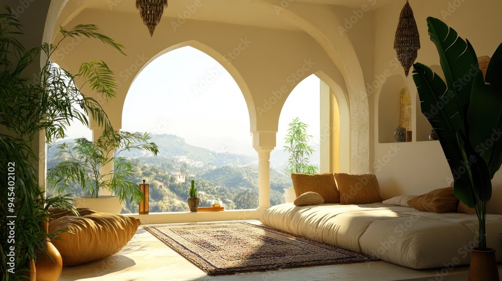 Luxurious Moroccan style lounge with a view of a mountain landscape seen through arched windows. Luxurious Moroccan style lounge with a view of a mountain landscape seen through arched windows.