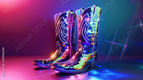 Disco balls like cowboy boots on a neon background. Contemporary style. Creative art, disco aesthetics.