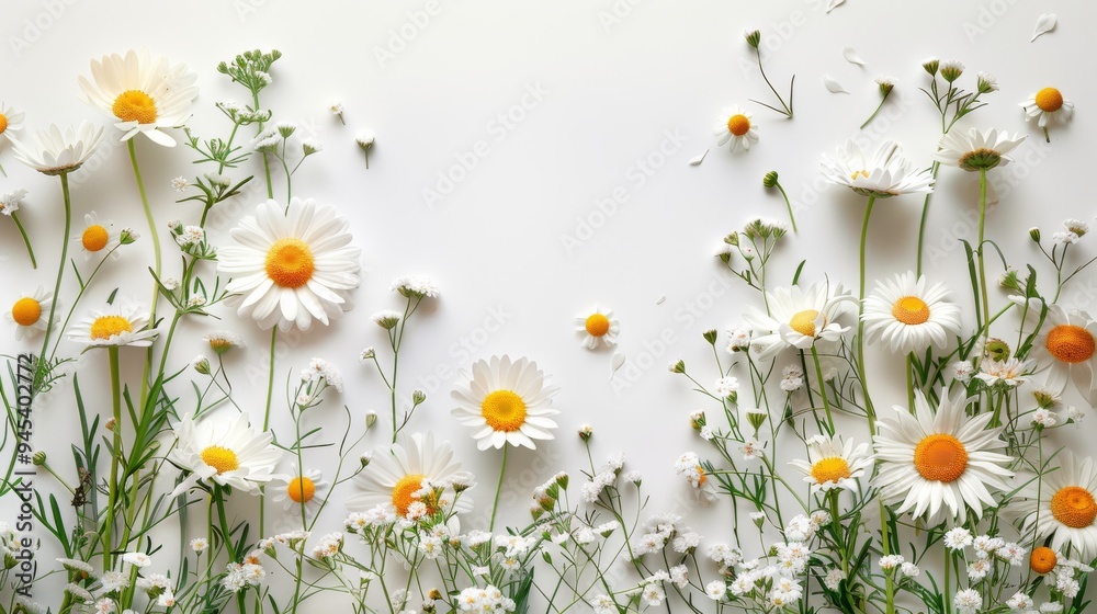 A fresh and natural layout with scattered daisies and wildflowers against a clean white background