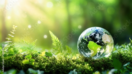 Earth mockup on the field and forest background for green energy and carbon credit concept. photo