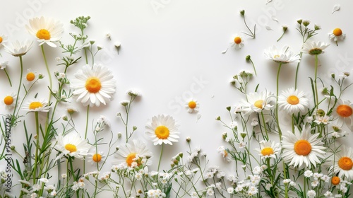 Obraz na płótnie A fresh and natural layout with scattered daisies and wildflowers against a clean white background w salonie