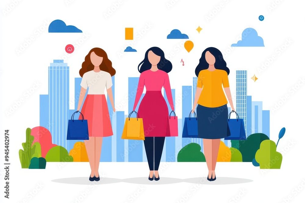 Three women with shopping bags standing in front of a city skyline. They are smiling and happy to be shopping. Three women with shopping bags standing in front of a city skyline. They are smiling and happy to be shopping.