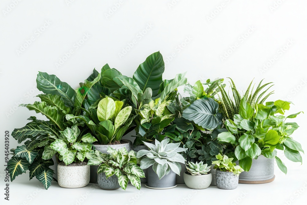 A collection of various indoor plants in decorative pots against a neutral background. A collection of various indoor plants in decorative pots against a neutral background.