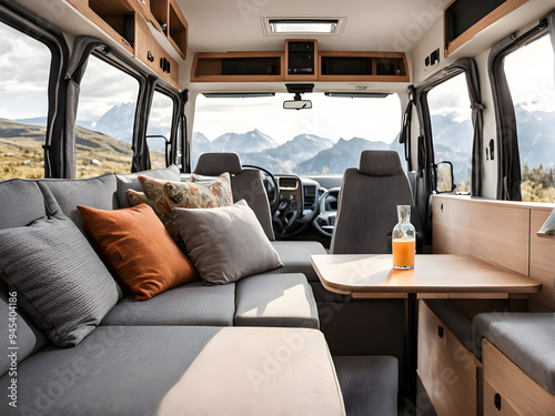 camper van with comfortable couches and large windows offering scenic views.