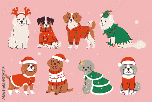 Set of cute fashionable dogs in Christmas outfits. Vector graphics.