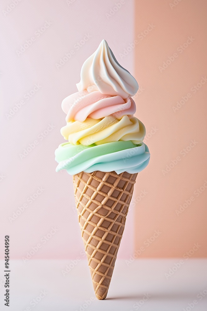 A colorful ice cream cone with swirls of pastel flavors against a soft background. A colorful ice cream cone with swirls of pastel flavors against a soft background.