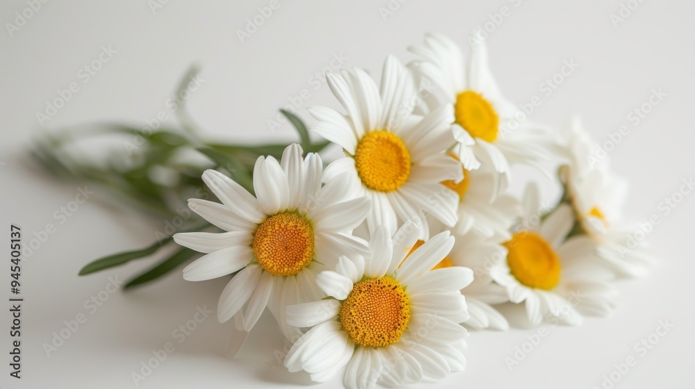 A bunch of bright white daisies with yellow centers lying against a clean, light backdrop, evoking freshness and purity