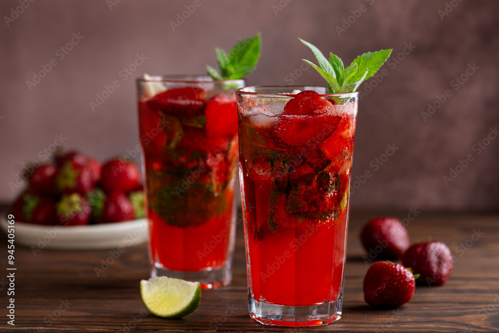 Strawberry Mojito cocktail with lime, ice and mint on a wooden table. Sugar free, nonalcoholic. Strawberry Mojito cocktail with lime, ice and mint on a wooden table. Sugar free, nonalcoholic.