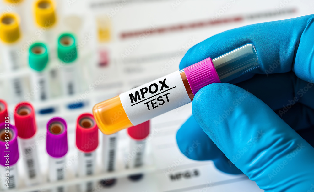 Gloved hand holding a test tube labeled Gloved hand holding a test tube labeled
