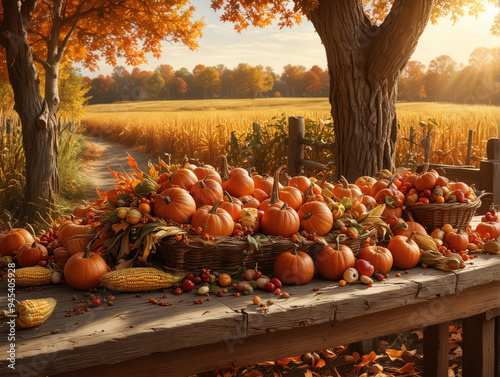 Rustic Autumn Cornucopia on Wooden Table with Sunset and Fall Foliage photo