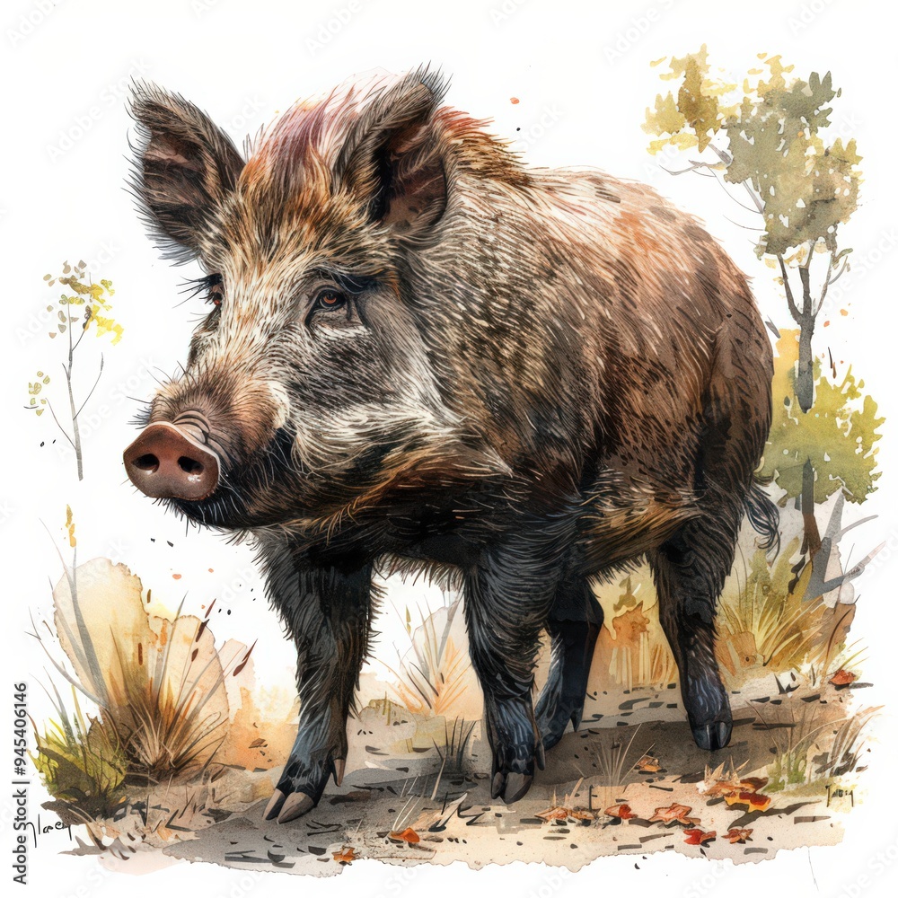A watercolor illustration depicting a wild boar walking through a forest clearing A watercolor illustration depicting a wild boar walking through a forest clearing
