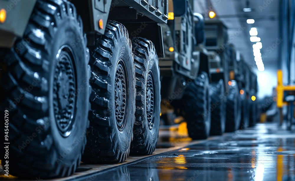 Row of military trucks in a factory setting with large rugged tires in focus.
Row of military trucks in a factory setting with large rugged tires in focus.