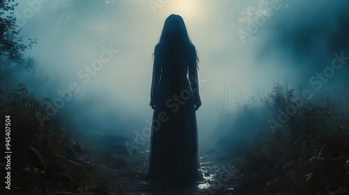 eerie silhouette of ghostly woman with flowing black hair emerging from misty dark forest moonlight casting long shadows creating chilling atmosphere