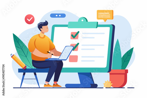 Online questionnaire survey, customer feedback choice or checklist, internet exam, opinion or comment, answer question, surveyor poll concept, man with pencil finish online questionnaire on computer.
