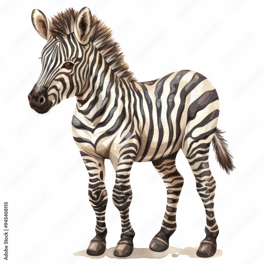 A digitally painted illustration of a young zebra standing on a white background, viewed from the side A digitally painted illustration of a young zebra standing on a white background, viewed from the side