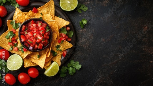 Tortilla chips with salsa, lime, and tomatoes on a black background.