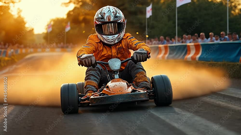 Excitement fills the air as a skilled driver navigates a dirt track in a go-kart during an evening racing event, surrounded by cheering spectators.