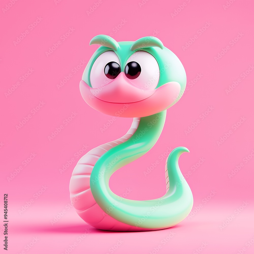 Fototapeta premium A playful, cartoonish snake character with large eyes on a pink background.