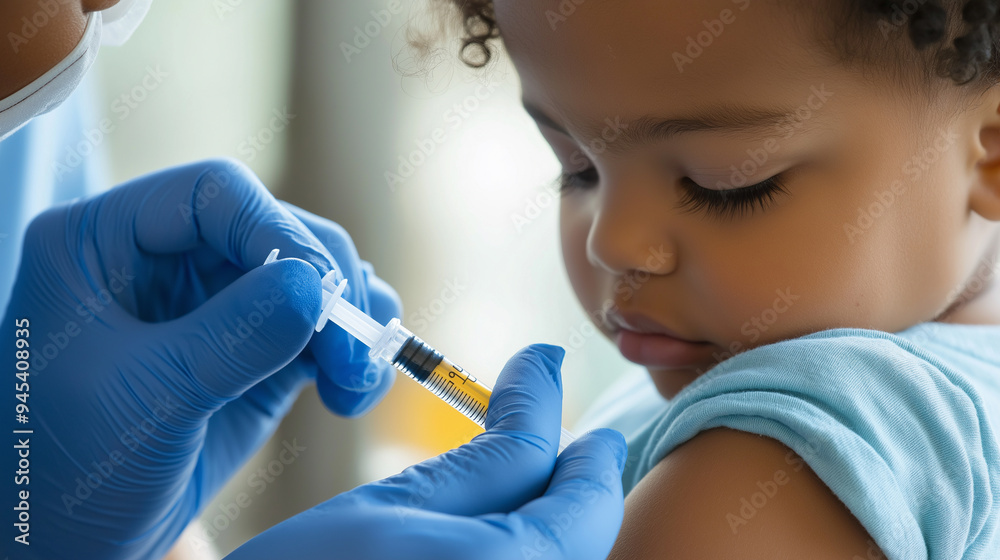 A young child receiving a vaccine shot in their arm from a healthcare professional. A young child receiving a vaccine shot in their arm from a healthcare professional.