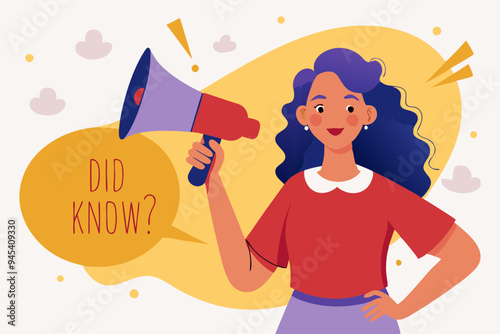 Did you know, fun fact, idea or advice message, useful knowledge or wisdom, expert information, explanation or solution, useful tips concept, woman talk on megaphone on did you know speech bubble.
