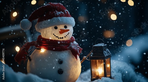 A snowman decorated with a Santa hat and red scarf holds a lantern in its hand and stands in a snowy scene at night. Snowflakes are falling softly, adding to the festive ambiance. photo