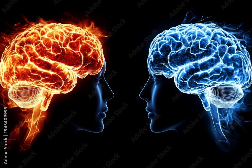 Obraz premium Two human profiles with glowing brain connections in a dark setting symbolize the intellectual connection and the powerful exchange of ideas in a contrasting futuristic context