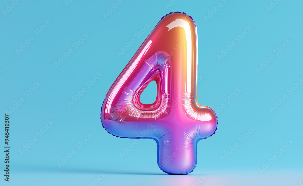 Colorful balloon in the shape of the number 4 against a blue background. Colorful balloon in the shape of the number 4 against a blue background.