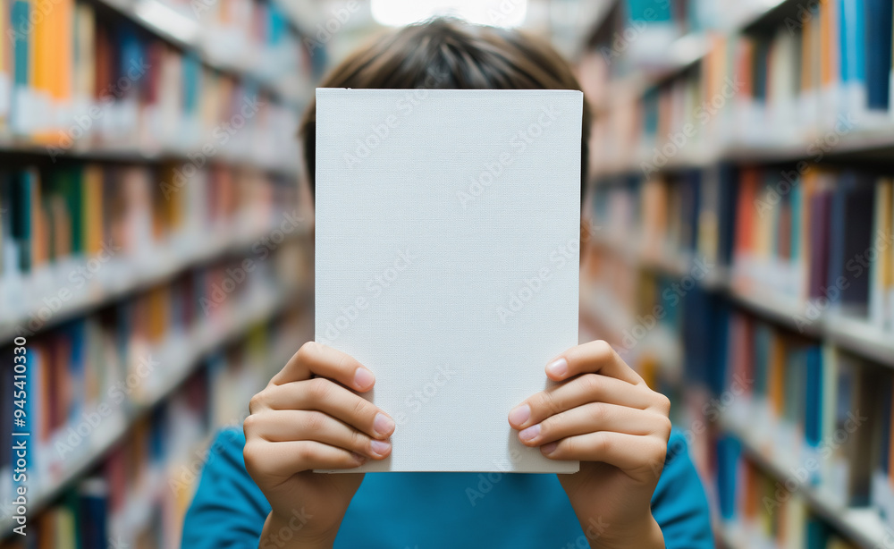 Person holding a blank book cover in a library, obscuring their face. Person holding a blank book cover in a library, obscuring their face.