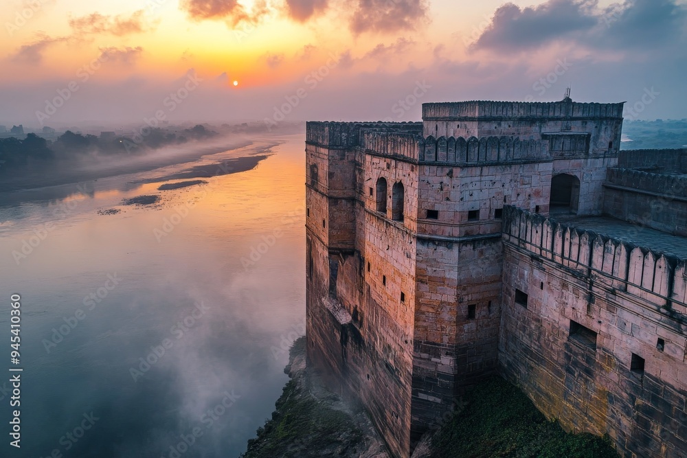 Fototapeta premium An ancient fortress overlooks a tranquil river while shrouded in gentle mist, bathed in the warm hues of sunset, showcasing the harmonious blend of nature and history.