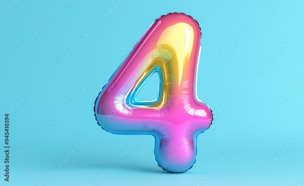 Colorful balloon in the shape of the number 4 against a blue background. Colorful balloon in the shape of the number 4 against a blue background.