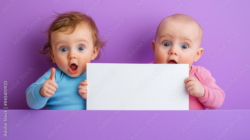 Two surprised babies holding a blank white sign against a purple background. Two surprised babies holding a blank white sign against a purple background.
